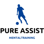 Logo mit einem Fußballspieler mit Fußball am Fuß, darunter der Firmennamen "Pure Asisst" und darunter der Zusatztext "Mentaltraining"